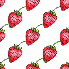 Summer strawberry seamless pattern hand drawn watercolor. Juicy fruit. Berry harvest. Seasonal sweet food. Healthy nutrition, vitamins. Vegetarian. Illustration background for wall and wrapper.