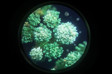 Close-up view of intricate green plant life under microscope revealing detailed textures and patterns