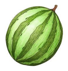 Whole watermelon hand drawn watercolor. Summer berry. Fruit element. Ripe juicy vitamin food. Round shape. Healthy eating. Organic farm product. Green. Vegan. Seasonal illustration.