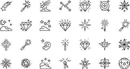 Stars line icon set. Vector pictograms of shooting star, constellation, moon phase, sparkling effect, neon burst thin linear illustration