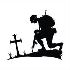 Soldier kneeling in silhouette at a cross grave with rifle