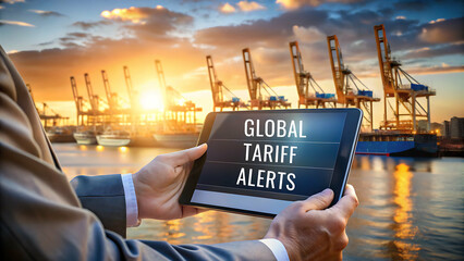 Trade and Tariffs Concept, A business professional checks global tariff alerts against a backdrop of shipping cranes at sunset.