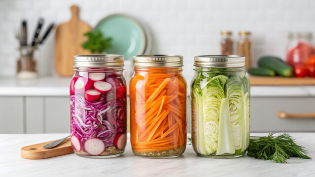 Zero-waste dinner promotes sustainability. Three jars with colorful pickled vegetables on a kitchen counter with utensils in the background.