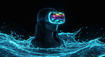 Girl with VR glasses immersed in liquid shilhoute. Immersive VR Experience, Young Woman in a Virtual World. 
