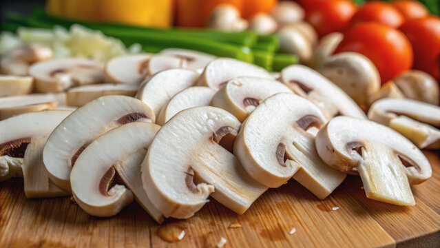 Zero-waste dinner promotes sustainability. Freshly sliced mushrooms with colorful vegetables in the background on a wooden cutting board.