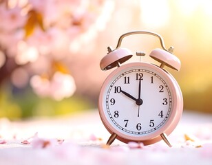 Pink alarm clock in spring blossom