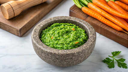 Zero-waste dinner promotes sustainability. Fresh green pesto in a stone bowl, surrounded by fresh carrots and herbs on a kitchen counter.