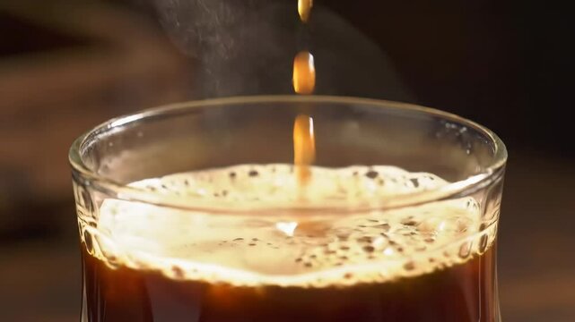 Pouring fresh coffee into a glass cup in slow motion shot