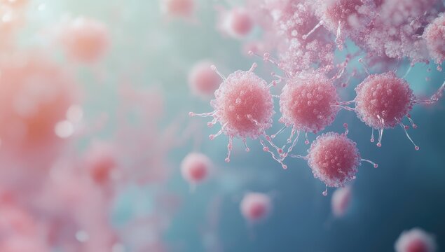 Close-up view of pink cells, cellular structures,  floating in a soft gradient of teal and light pink