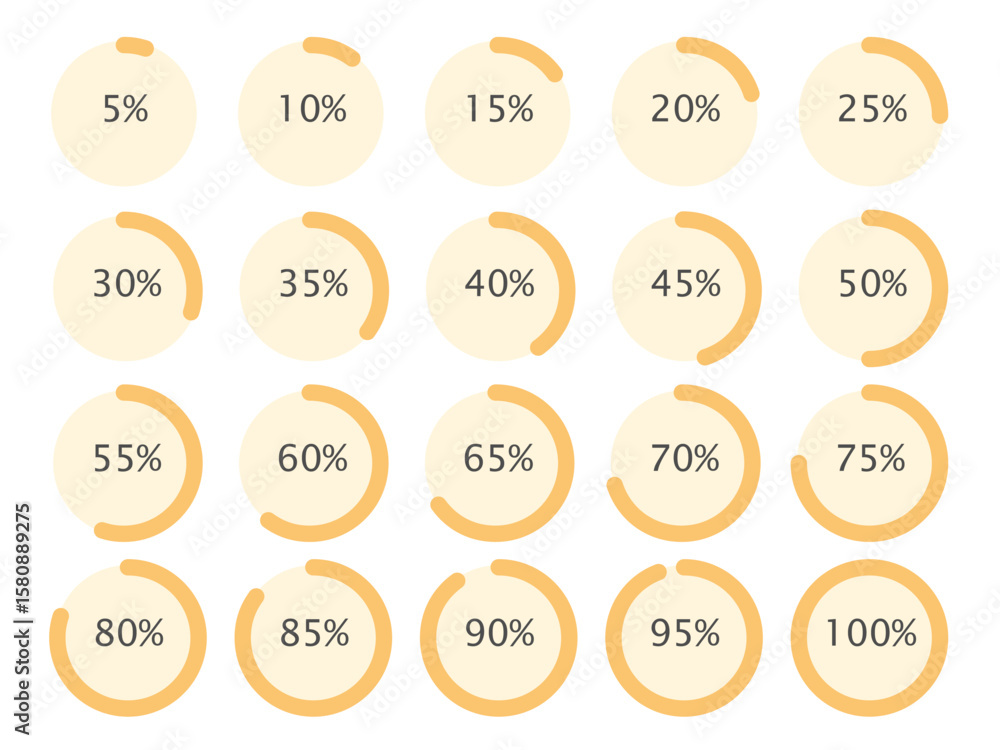 Poster circle percentage pie chart diagram. progress indicator icon set. yellow vector infographics element