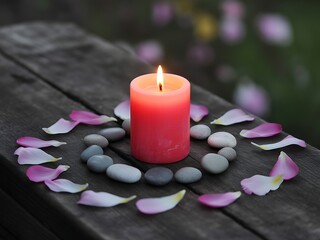 Pink Candle, Stones, and Petals: Serenity and Tranquility