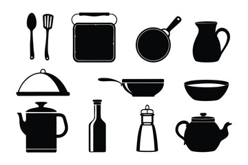 A collection of black silhouette icons representing various kitchen utensils and cookware items on a white background