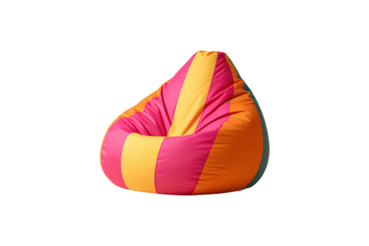 Colorful striped bean bag chair featuring pink, yellow, and orange vertical bands in vibrant hues, isolated on a transparent background