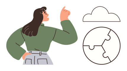 Woman pointing upward while thinking, highlighting creativity. Cloud and puzzle illustrate innovation, problem-solving. Ideal for teamwork, strategy, growth, decision-making, education inspiration