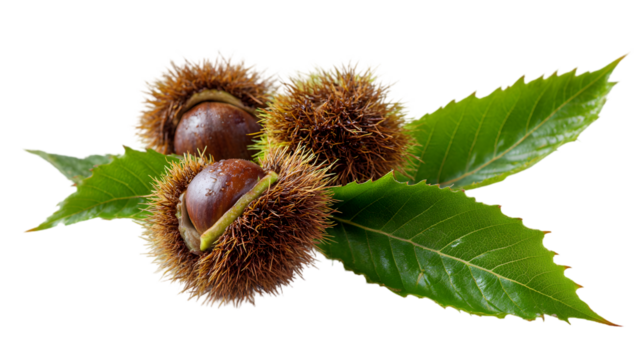 Three fresh sweet chestnuts with spiky husks and green leaves isolated on transparent background