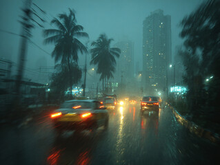 rainy cityscape with tall buildings in the background, a palm tree in the foreground, and cars driving on a wet street. The scene is illuminated by the headlights of the vehicles and the streetlights.