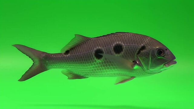 Red Drum Fish with Distinctive Spots Isolated on Bright Green Chroma Key Background for Easy Digital Compositing