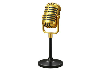 Isolated Golden Vintage Microphone on Black Stand