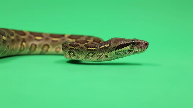 Brown Patterned Snake on Green Screen. Close-up of a Reptile's Head and Body, Studio Shot for Easy Isolation.