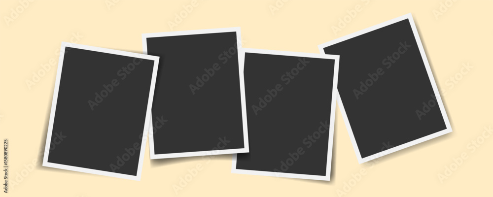 Poster vector illustration with four empty vertical photo frames scattered and overlapping. beige backdrop,
