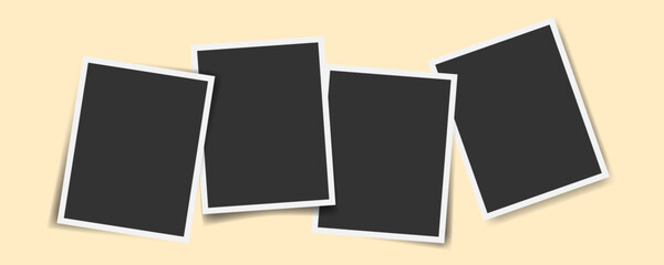 Vector illustration with four empty vertical photo frames scattered and overlapping. Beige backdrop, realistic shadows. Perfect for storytelling blog visual, gallery mockup, memory books, family album