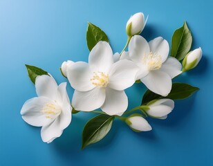 Fototapeta premium white jasmine on smooth blue background with elegant calm tones ideal for wellness spa or skincare branding visuals