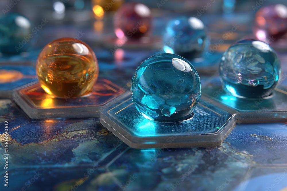 Poster Colorful transparent spheres rest on hexagonal tiles, displaying a smooth, textured surface