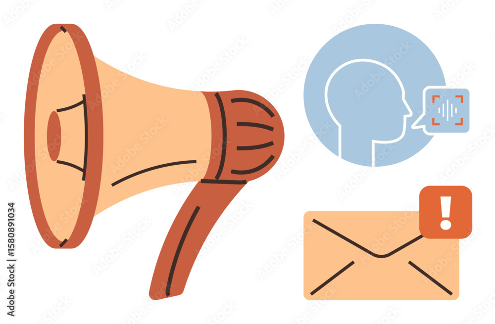 Poster loudspeaker projects messages, profile with soundwave, and envelope with alert icon. ideal for commu