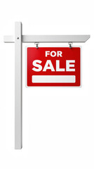 For sale sign on white post, bright red background, clear message, ideal for real estate listings, attracting buyers, promoting property sales