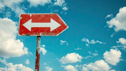Red directional sign with two arrows, pointing left, against a partly cloudy sky