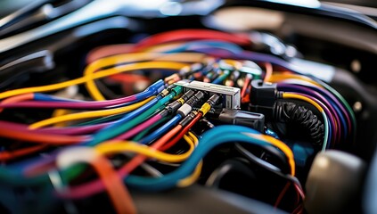 Close-up view of colorful car wiring harness