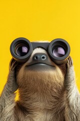 Fototapeta premium Happy sloth looking through binoculars on yellow background