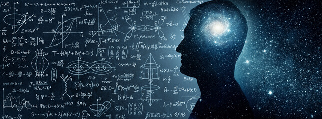 The universe within. Silhouette of a man inside the universe, physical and mathematical formulas.. The concept on scientific and philosophical topics.  Elements of this image furnished by NASA.