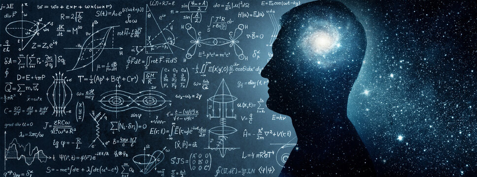 The universe within. Silhouette of a man inside the universe, physical and mathematical formulas.. The concept on scientific and philosophical topics.  Elements of this image furnished by NASA.
