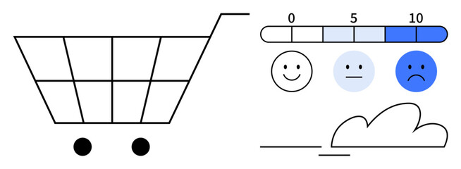 Shopping cart beside satisfaction scale with happy faces expressing emotions from happy to sad. Ideal for e-commerce, feedback, analytics, customer experience, decision-making, retail, marketing