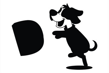 A black silhouette vector cartoon dog jumping over a 3D letter D