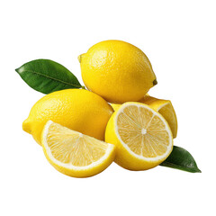 Fresh ripe lemons and slices with green leaves isolated on transparent background