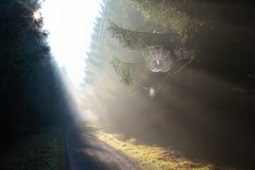 Sunbeams Through Forest Canopy A Serene Morning in the Woods with Natural Light, Mist, and Woodland Scenery
