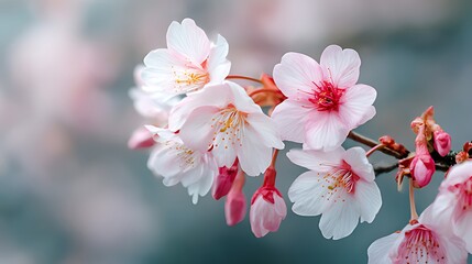 Obraz premium Delicate Cherry Blossoms in Springtime, Close-up of beautiful cherry blossoms in full bloom, showcasing soft pinks and whites.