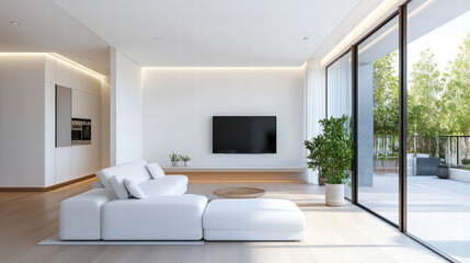 Fototapeta premium A large white living room with a white couch, a white coffee table