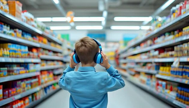 Autistic Child Boy with Headphones in Supermarket Video Footage Scene Showing Sensory Overload and Anxiety