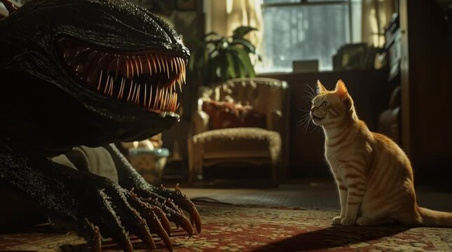 A ginger cat sits calmly on a rug, seemingly unbothered by a large, scary creature in the foreground of a cozy room.