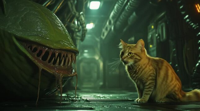 A tabby cat sits alertly on a spaceship floor, facing an approaching alien creature with sharp teeth, creating a bizarre encounter.