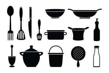 Culinary Ensemble: A curated collection of kitchen tools and utensils, a comprehensive assortment for the home chef's culinary aspirations, meticulously illustrated in monochrome.