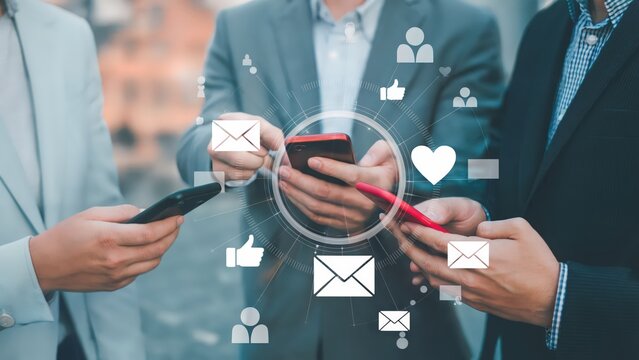 Three people using smartphones surrounded by social media icons in a business setting outdoors