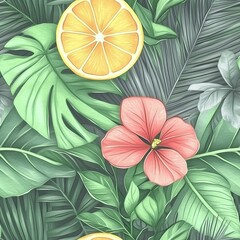 Obraz premium Seamless Pattern Tropical fruit and floral pattern nature digital art lush environment close-up view vibrant colors for home decor