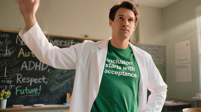 Teacher Showing Inclusion Starts with Acceptance Shirt Video Footage Scene Promoting Neurodiversity Respect and Awareness