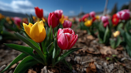 Springtime tulips bursting forth with color
