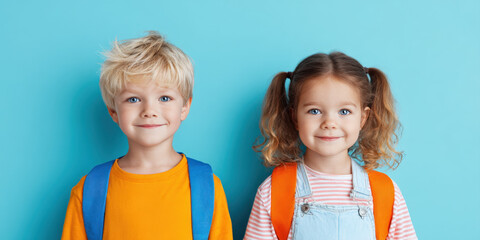 Two cheerful children, a boy and a girl, with bright blue eyes and colorful backpacks, are all smiles and ready for school, captured against a vibrant blue backdrop