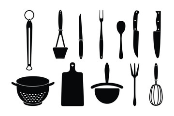 Culinary Arsenal: A collection of essential kitchen tools and utensils arranged neatly, showcasing the beauty and simplicity of culinary instruments in a minimalist monochromatic style.